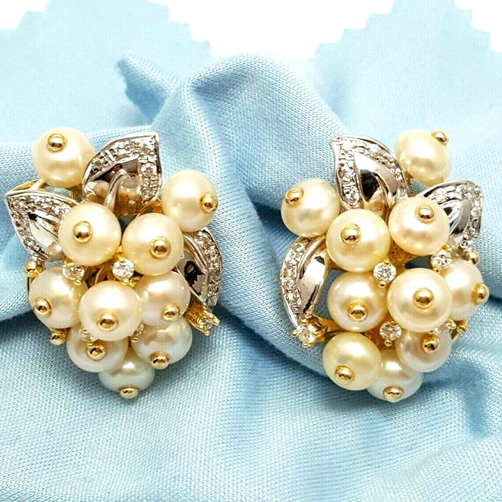 Beautiful 14k Solid Two Tone Multi Tone Gold Pearl French Clip Stud Earrings